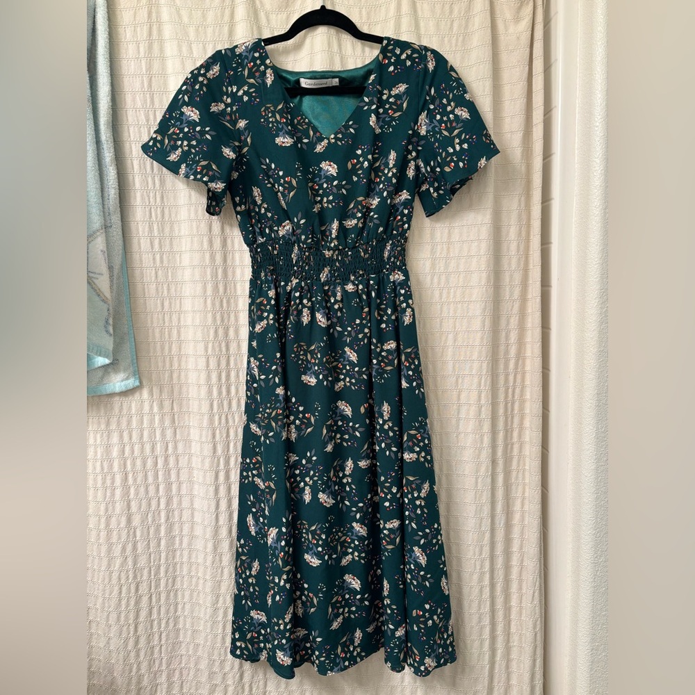 Floral Smocked Waist Midi Dress - Green